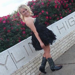 Black Rhinestone-Lined Strapless Short Prom Dress